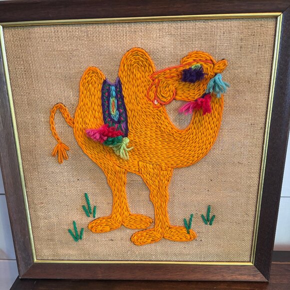 Vintage Crewel Creatures Camel Fiber Art 1970s Framed Needlepoint Wall Art
